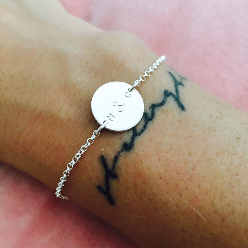 model wearing Sienna Bracelet Medium Pendant Bracelet, hand stamped jewellery australia